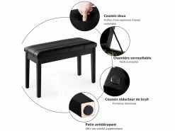 Banquette Piano Avec Coussin Rayé Rembourré En Cuir Pu Et Compartiment De Rangement, Pour Usage Professionnel/privé, Noir 9 Banquette Piano Avec Coussin Rayé Rembourré En Cuir Pu Et Compartiment De Rangement, Pour Usage Professionnel/privé, Noir -Banquette Soldes Magasin G CNF D18800959 D