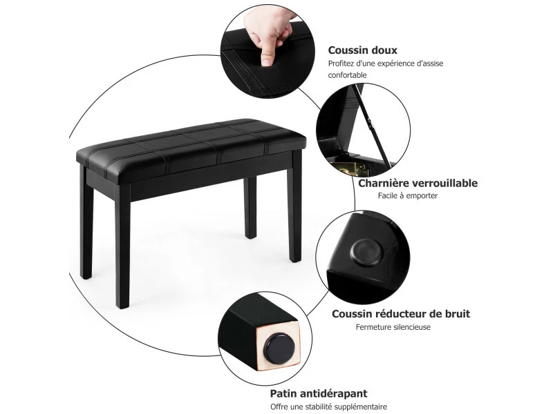 Banquette Piano Avec Coussin Rayé Rembourré En Cuir Pu Et Compartiment De Rangement, Pour Usage Professionnel/privé, Noir 5 Banquette Piano Avec Coussin Rayé Rembourré En Cuir Pu Et Compartiment De Rangement, Pour Usage Professionnel/privé, Noir – Image 3