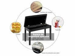 Banquette Piano Avec Coussin Rayé Rembourré En Cuir Pu Et Compartiment De Rangement, Pour Usage Professionnel/privé, Noir 10 Banquette Piano Avec Coussin Rayé Rembourré En Cuir Pu Et Compartiment De Rangement, Pour Usage Professionnel/privé, Noir -Banquette Soldes Magasin G CNF D18800959 E