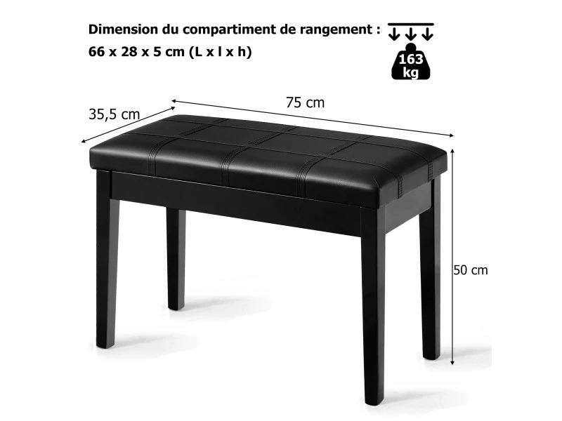 Banquette Piano Avec Coussin Rayé Rembourré En Cuir Pu Et Compartiment De Rangement, Pour Usage Professionnel/privé, Noir 7 Banquette Piano Avec Coussin Rayé Rembourré En Cuir Pu Et Compartiment De Rangement, Pour Usage Professionnel/privé, Noir – Image 5