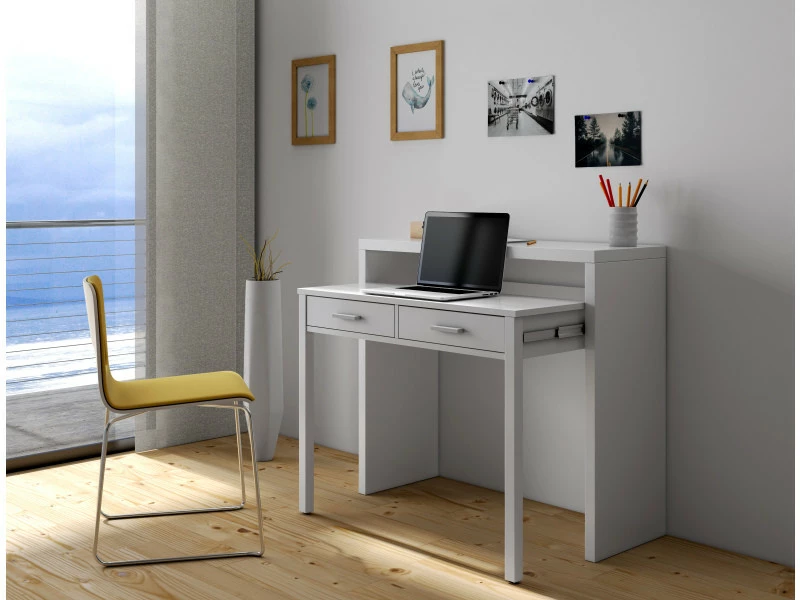 Dmora Bureau Console Extensible Avec Deux Tiroirs, Couleur Blanche, 87,5 X 98,5 X 36 Cm (extensible Jusqu'à 66 Cm Lorsqu'il Est Ouvert). 4 Dmora Bureau Console Extensible Avec Deux Tiroirs, Couleur Blanche, 87,5 X 98,5 X 36 Cm (extensible Jusqu'à 66 Cm Lorsqu'il Est Ouvert). – Image 2