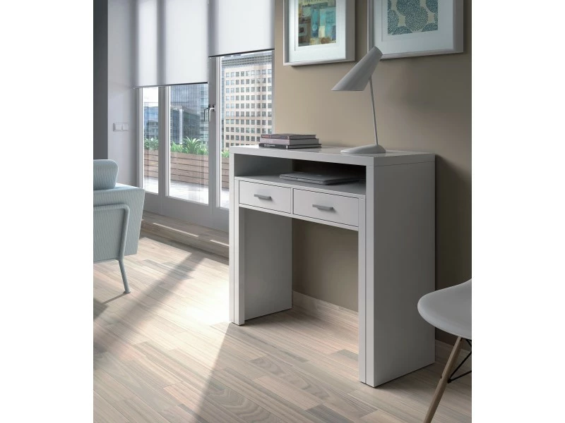 Dmora Bureau Console Extensible Avec Deux Tiroirs, Couleur Blanche, 87,5 X 98,5 X 36 Cm (extensible Jusqu'à 66 Cm Lorsqu'il Est Ouvert). 5 Dmora Bureau Console Extensible Avec Deux Tiroirs, Couleur Blanche, 87,5 X 98,5 X 36 Cm (extensible Jusqu'à 66 Cm Lorsqu'il Est Ouvert). – Image 3