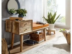 Finebuy Banc Peau De Chèvre Bois Massif 120x65x40 Cm Style Rétro | Banquette Couloir Avec Espace De Rangement | Banc En Cuir Véritable Rembourré Stockage | Petit Banc De Lit -Banquette Soldes Magasin G CNF F39804765 D