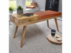 Finebuy Banc Peau De Chèvre Bois Massif 100 X 52 X 38 Cm Style Rétro | Banquette Couloir Avec Espace De Rangement | Banc En Cuir Rembourré Stockage | Petit Banc De Lit Cuir Véritable