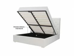 GPASPLUS Lit Adulte 140 X 160 Cm Tete De Lit Capitonnee + Coffre De Rangement - Simili Blanc - Sommier Blanc - Miles -Banquette Soldes Magasin G CNF N63282595 E