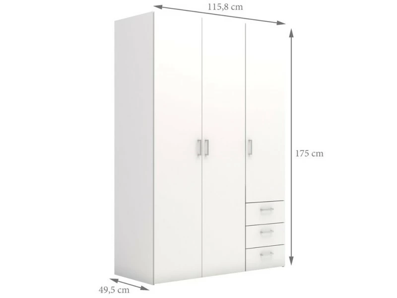 Armoire à Trois Portes Battantes Avec Trois Tiroirs, Couleur Blanche, 116 X 175 X 49,5. 4 Armoire à Trois Portes Battantes Avec Trois Tiroirs, Couleur Blanche, 116 X 175 X 49,5. – Image 2
