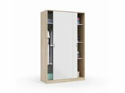 Armoire Bormio Avec Deux Portes Coulissantes, Structure Couleur Chêne Et Portes Couleur Blanche Brillante, 200 X 120 X 50 Cm