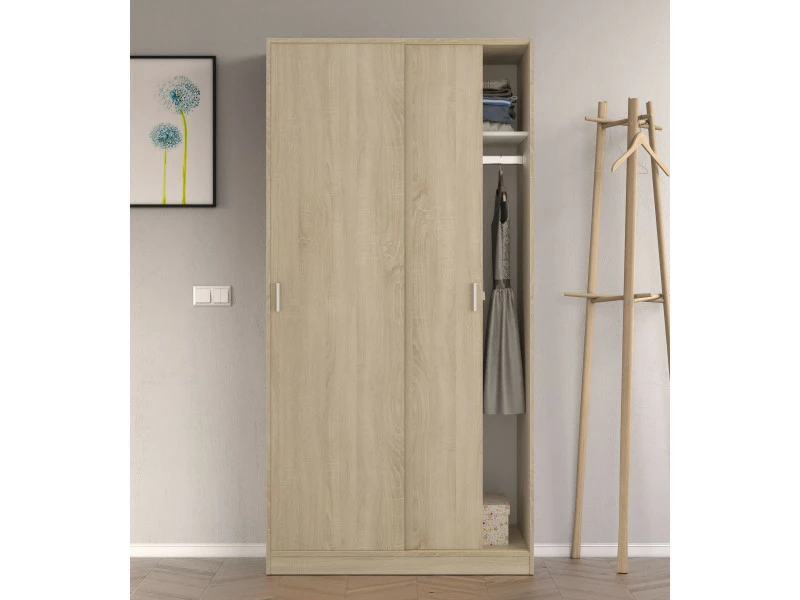 Armoire Avec Deux Portes Coulissantes, Barre-penderie Et Une étagère Intérieure, Couleur Chêne, 200 X 100 X 50 Cm 3 Armoire Avec Deux Portes Coulissantes, Barre-penderie Et Une étagère Intérieure, Couleur Chêne, 200 X 100 X 50 Cm