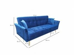 MEUBLETMOI Canapé 3 Places Convertible En Velours Bleu Et Pieds Doré - Ralph -Banquette Soldes Magasin G CNF Z39547866 D